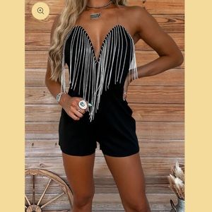 Diamond fringe v neck romper